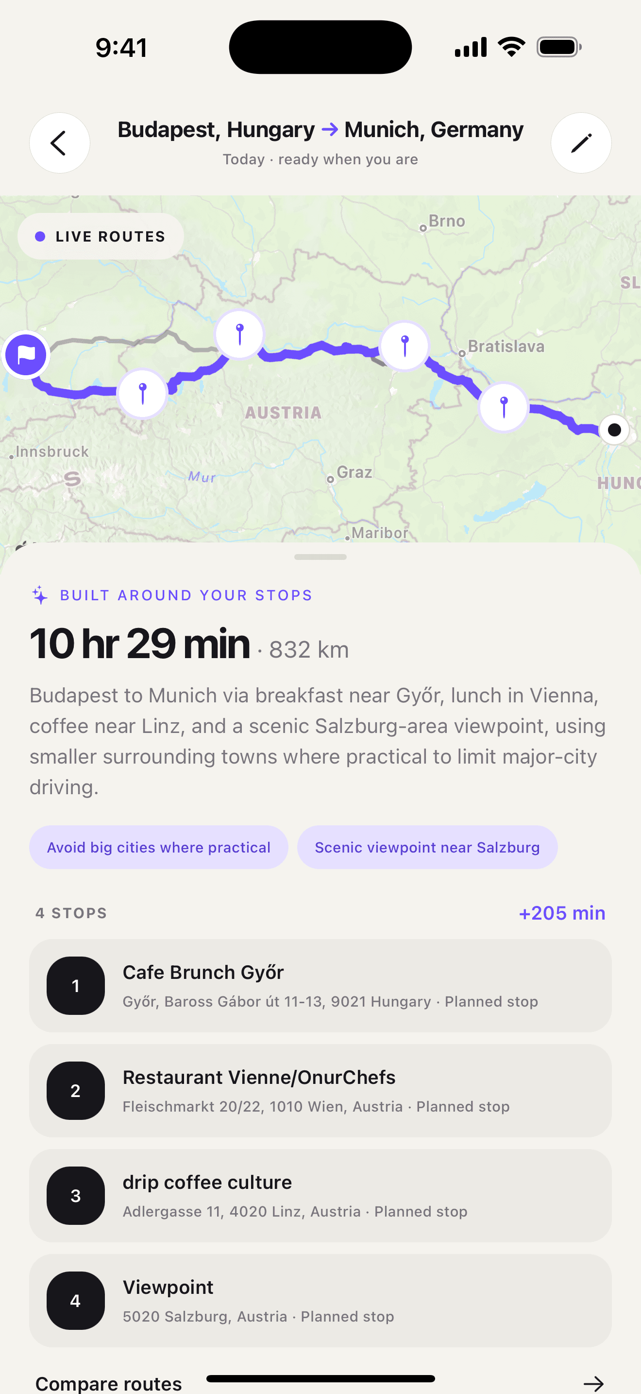 Ownway route preview from Vienna to Budapest with a coffee stop