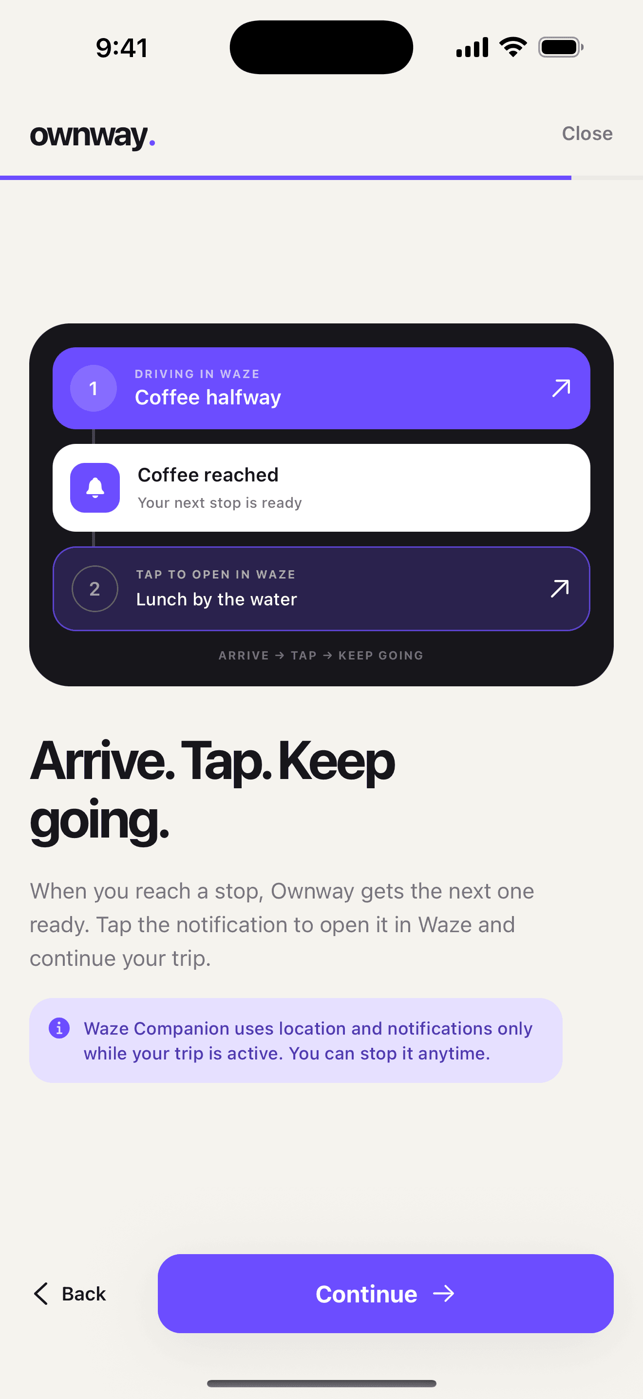 Ownway Waze handoff screen preparing the next destination