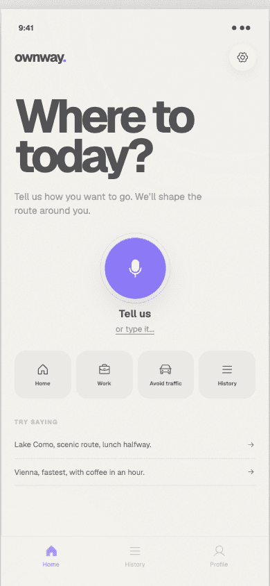 Ownway home screen ready for a spoken or typed road trip request