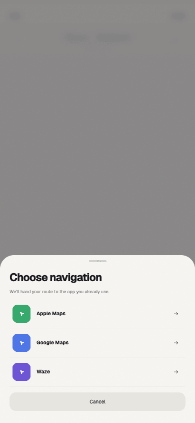 Ownway app: Waze is presented as a handoff choice after planning. The annotation verifies Ownway's chooser, not a native multi-stop import into Waze.